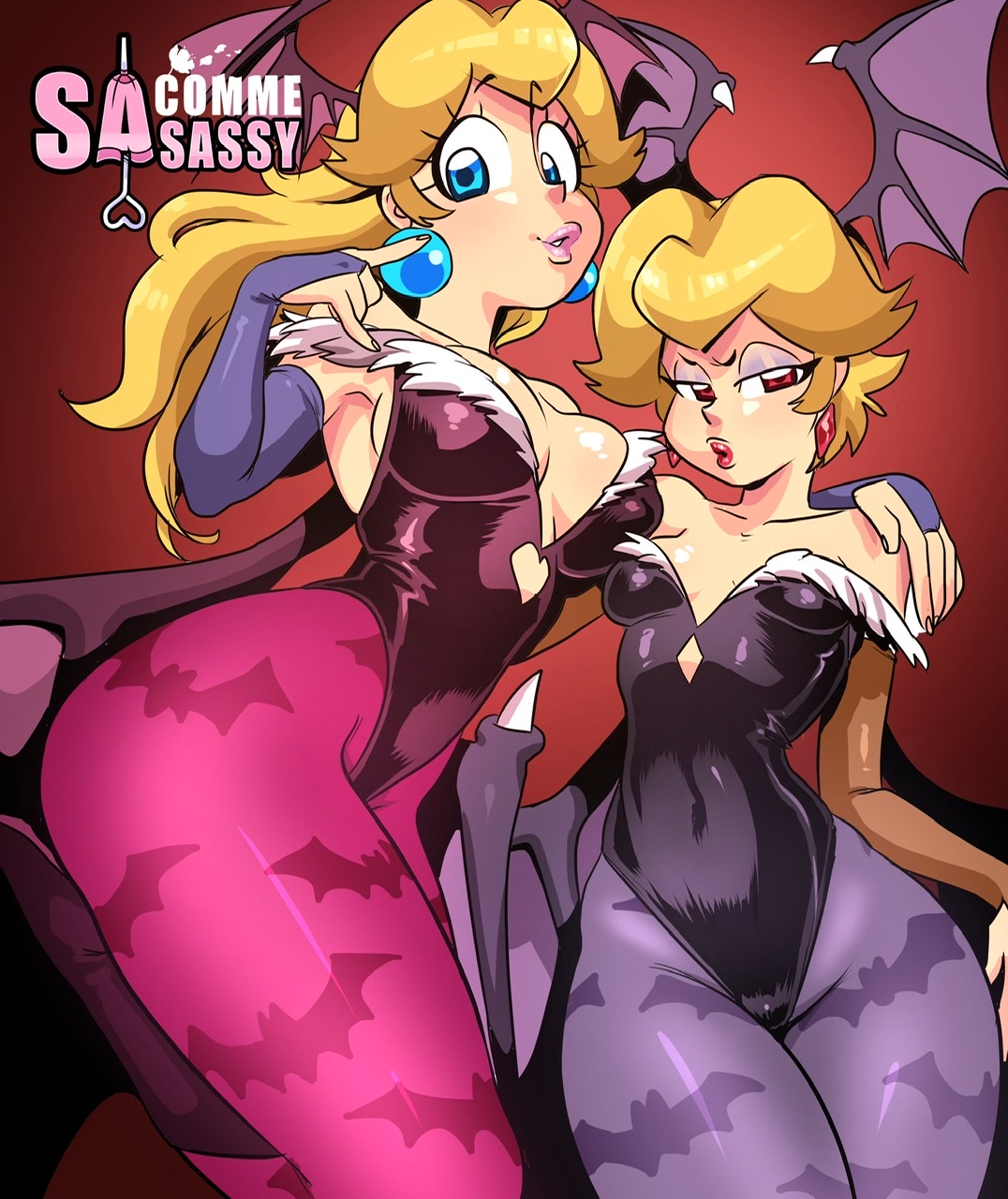 ass, big breasts, blonde hair, blue eyes, breasts, bridal gauntlets, capcom, clothing, cosplay, darkstalkers, dual persona, elbow gloves, female, flat chest, head wings, leggings, leotard, lilith aensland (cosplay), low cut top, mario (series), morrigan aensland (cosplay), nintendo, paper mario, princess peach, red eyes, sasatseng, shadow queen, small breasts, square crossover, thick thighs, wings
