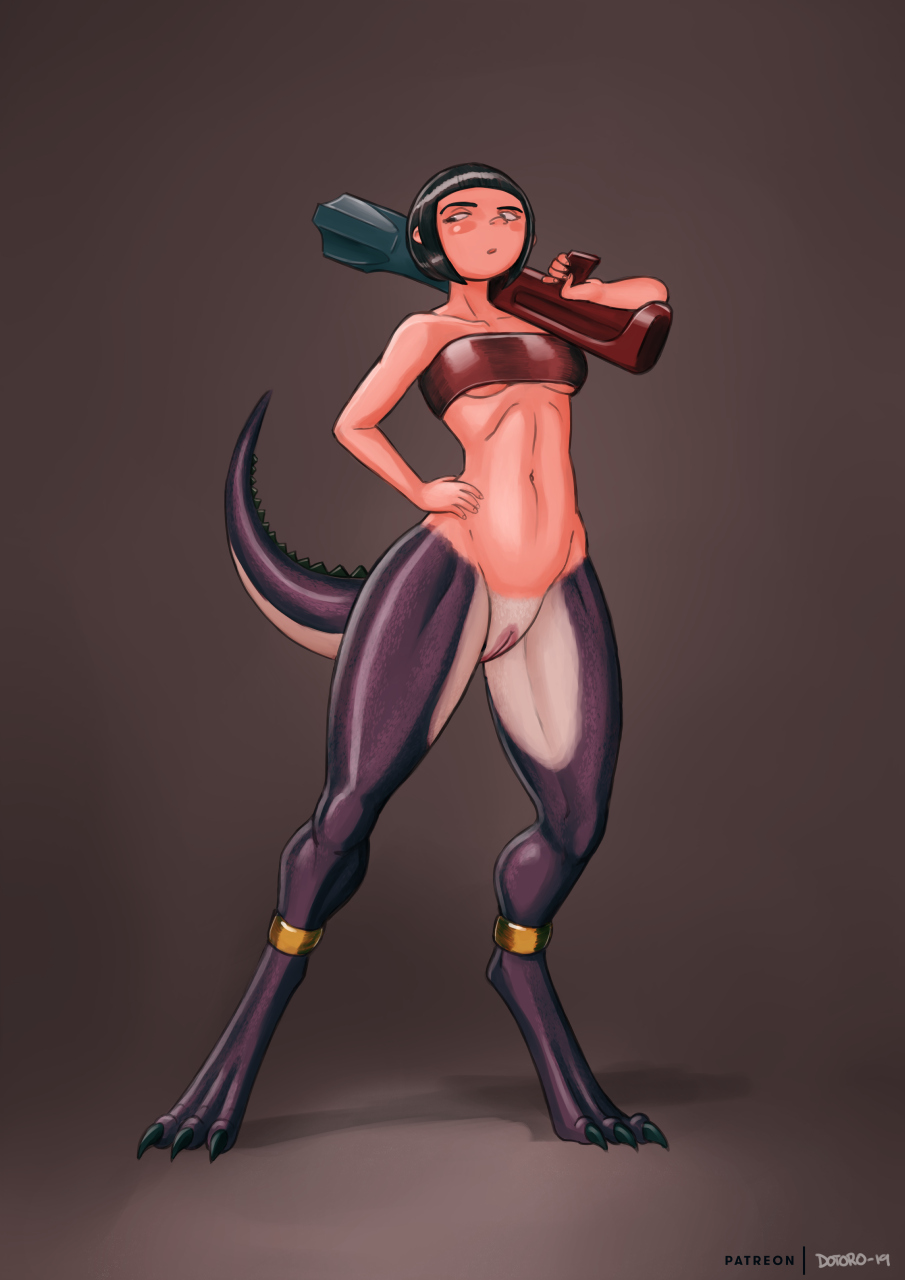 bandeau black_hair bottomless clothed clothing dotoro_(artist) dragon dragon_humanoid female gun hair hi_res humanoid navel purple_body purple_scales pussy ranged_weapon scales solo weapon