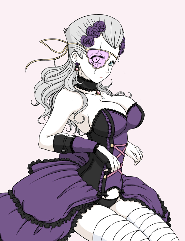 1girls, 2013, armpits, armwear, bandage, black panties, blue eyes, breasts, choker, cleavage, dress, earrings, eyepatch, female, female only, flower, genderswap, genderswap (mtf), gothic lolita, grey background, grey hair, hair flower, human, jean pierre polnareff, jewelry, jojo's bizarre adventure, large breasts, light skin, light-skinned female, lingerie, long hair, looking at viewer, minnk, no eyebrows, panties, purple dress, purple rose, rose, rule 63, scar, see-through, shounen jump, simple background, solo, thick thighs, thighs, underwear, vento aureo, white hair, white skin, zettai ryouiki