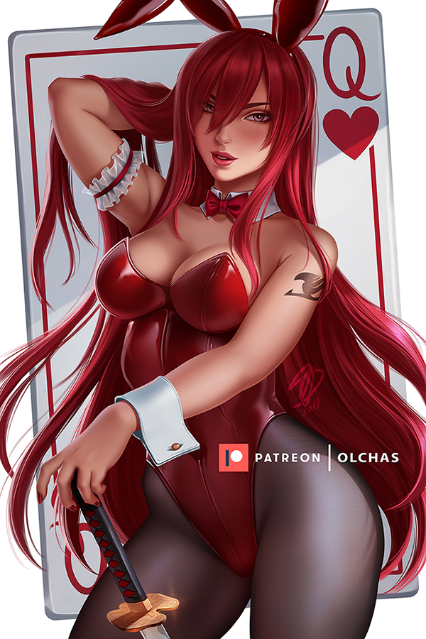 1girls, arm tattoo, big breasts, blue tattoo, breasts, bunny ears, bunny girl, bunnysuit, cleavage, erza scarlet, fairy tail, fairy tail mark, female, female only, large breasts, olchas, red hair, red-haired female, solo, tattoo