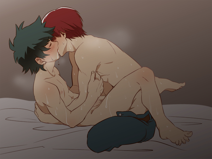 2boys, burn scar, color, digital media (artwork), enaka (artist), feet, gay, green hair, izuku midoriya, kissing, legs, male, multicolored hair, my hero academia, nude, scar, sex, shouto todoroki, sweat, topless, yaoi
