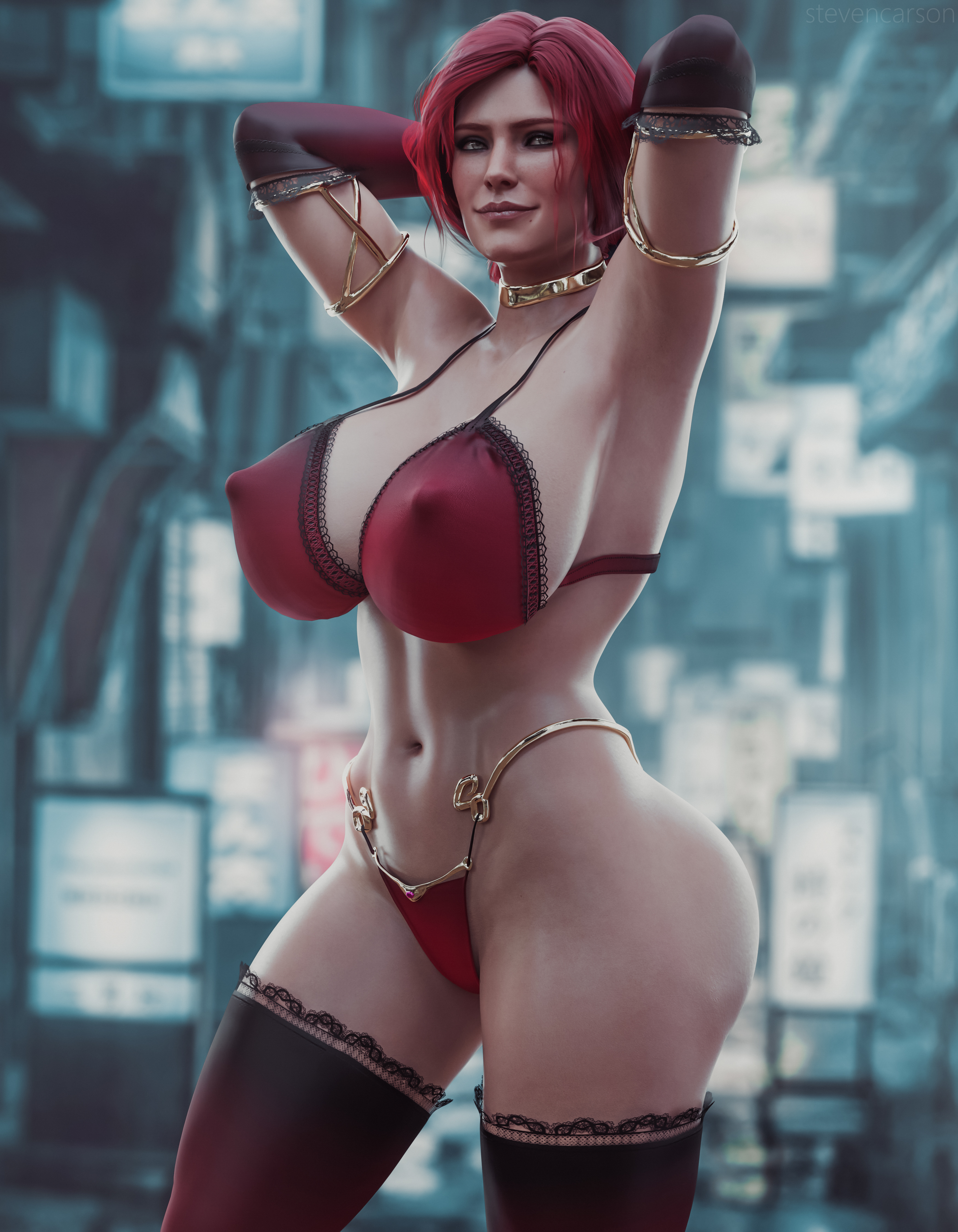 1girls, 3d, absurdres, bra, breasts, cd projekt red, cleavage, erect nipples, female, female only, highres, huge breasts, looking at viewer, nipples, panties, solo, spread legs, standing, stevencarson, the witcher, the witcher (series), the witcher 2, the witcher 3: wild hunt, thighhighs, triss merigold