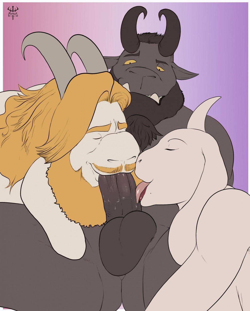 2019 anthro asgore_dreemurr balls big_penis bisexual boss_monster bovid burrserk burrserk_(character) caprine collaborative_fellatio erection fellatio female gay goat group group_sex hi_res male male/male mammal mature_female mature_male oral penile penis sex straight threesome toriel undertale video_games