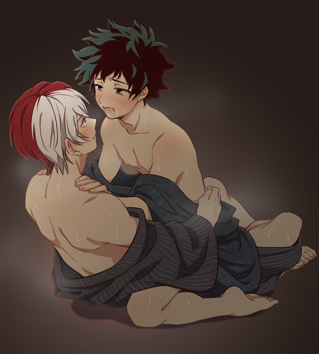 2boys, anal, blush, chest, color, digital media (artwork), enaka (artist), feet, gay, green hair, izuku midoriya, male, multicolored hair, my hero academia, nude, sex, short hair, shouto todoroki, sweat, yaoi, yukata
