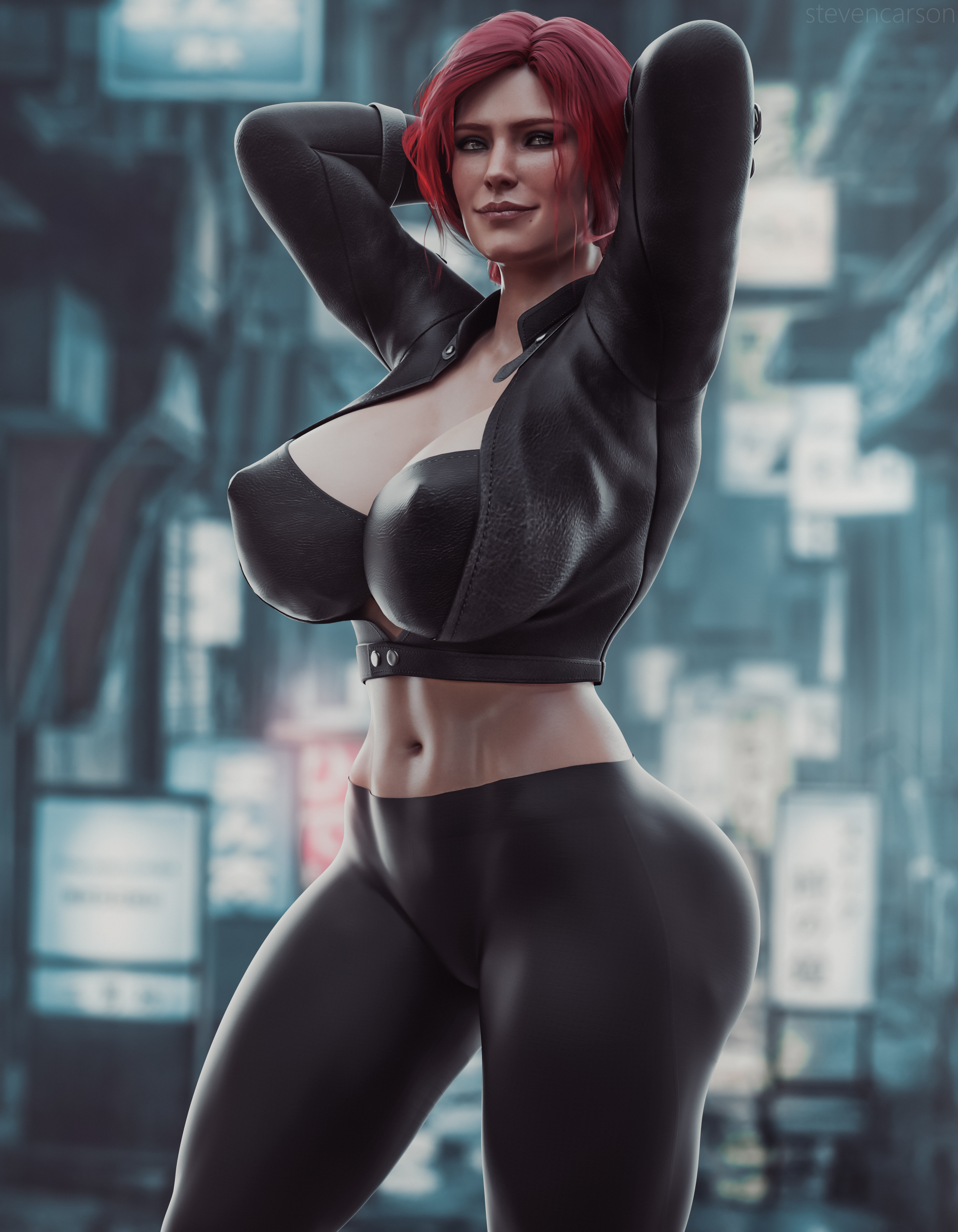1girls, 3d, absurdres, breasts, cd projekt red, cleavage, erect nipples, female, female only, highres, huge breasts, looking at viewer, nipples, solo, spread legs, standing, stevencarson, the witcher, the witcher (series), the witcher 2, the witcher 3: wild hunt, triss merigold