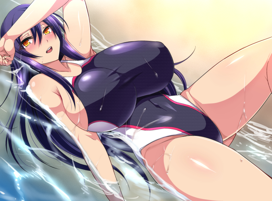 1girls, blush, breasts, covered navel, erect nipples, female, huge breasts, long hair, looking at viewer, nipples, nishida megane, one-piece swimsuit, open mouth, orange eyes, purple hair, solo, swimsuit, water, wet