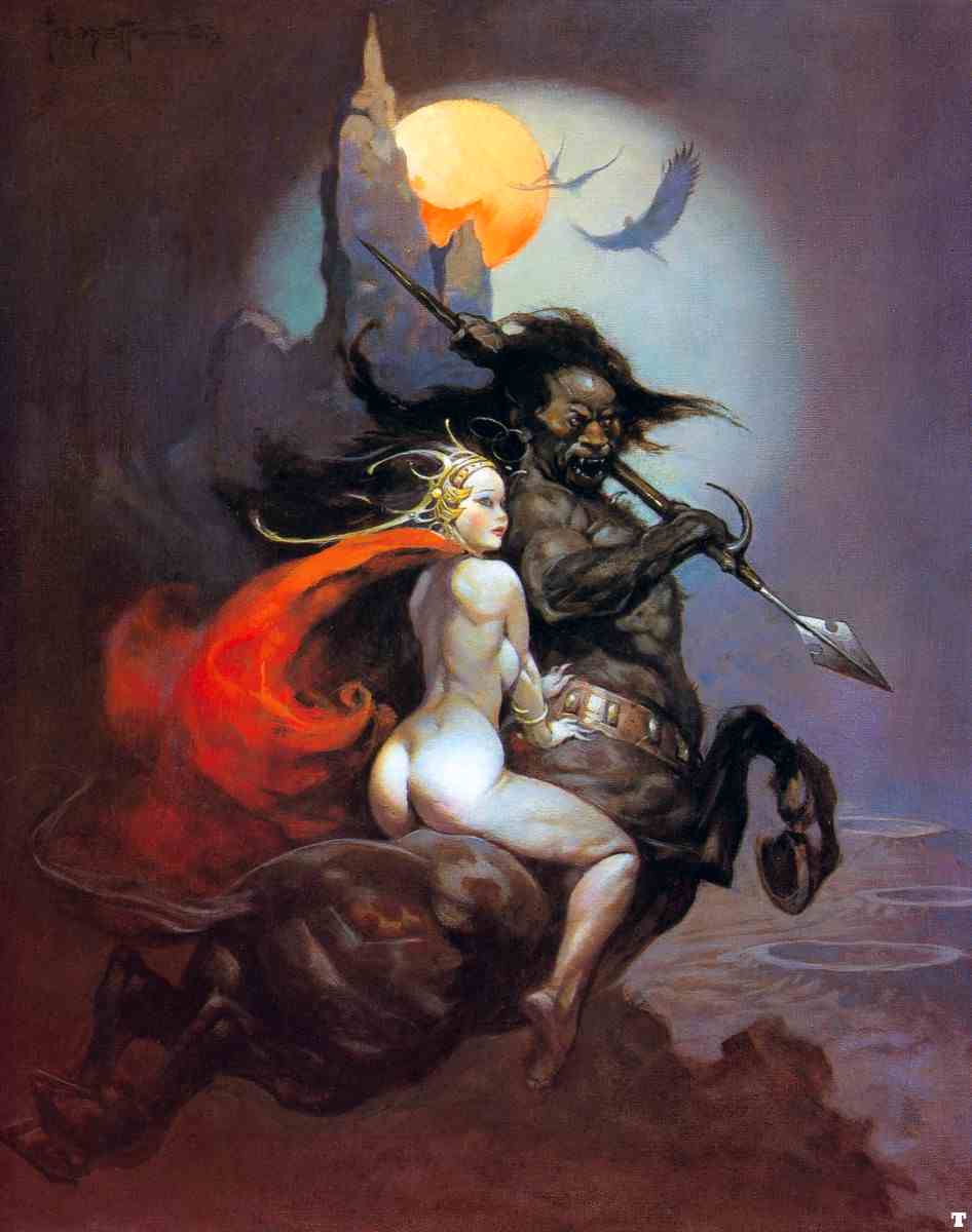 1boy 1girl a_princess_of_mars ass cape centaur crown dejah_thoris female frank_frazetta functionally_nude heavy_metal jewelry male nude pale-skinned_female pale_skin spear taur