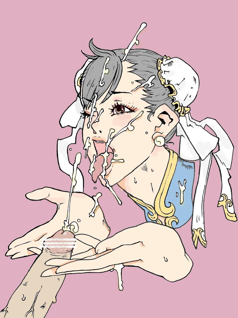 blinking brown_eyes bun_cover capcom censored chinese_clothes chun-li cum cum_in_mouth cum_on_tongue earrings ejaculation facial female hair_bun hands_together human jewelry kyura9een lips male open_mouth partial_male penis short_hair silver_hair simple_background straight straight_hair street_fighter tongue tongue_out