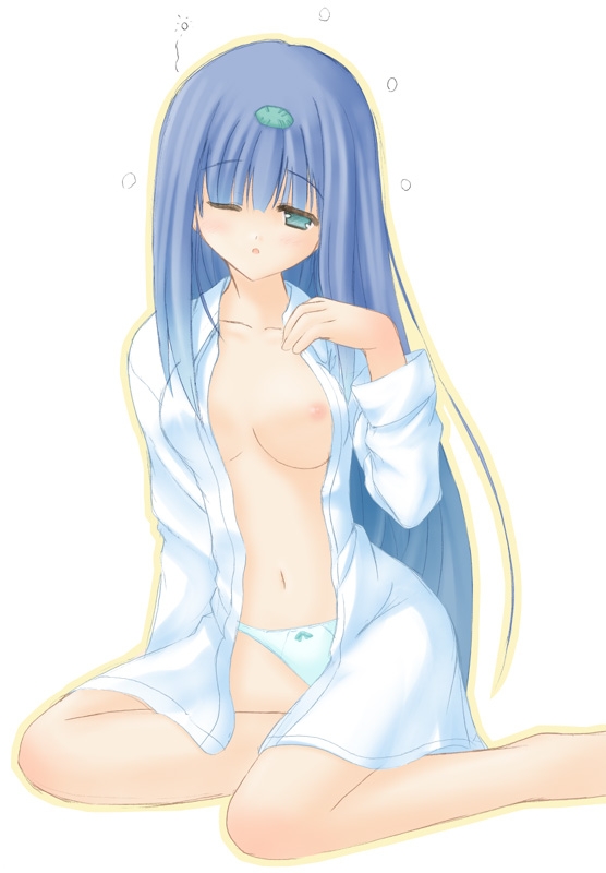 female blue_hair blue_panties elemental_gelade erementar_gerad kneeling long_hair navel nipples open_clothes open_shirt panties ren reverie_metherlence shirt sitting solo underwear wince