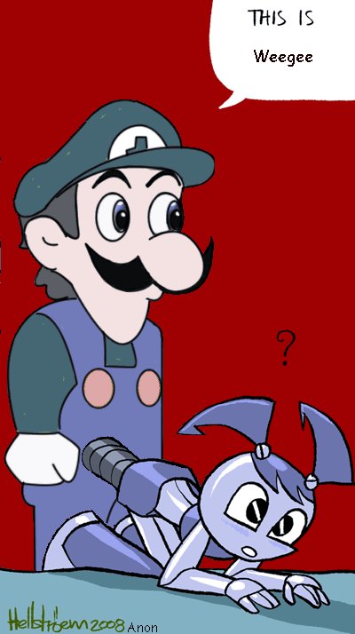 1boy 1girls crossover doggy_style english_text hellstroem jenny_wakeman luigi mario_(series) meme moustache my_life_as_a_teenage_robot nintendo red_background robot sex smooth_skin text weegee what where_is_your_god_now