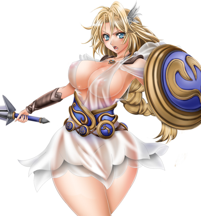 1041_(pixiv) blonde_hair blue_eyes braid breasts curvy female female_only hips huge_breasts human long_hair milf mother see-through shield solo sophitia_alexandra soul_calibur soul_calibur_iv sword weapon wide_hips