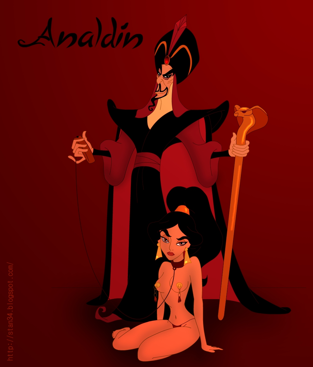 1boy 1girls aladdin bad_end badassk9 black_hair bondage cartoongirls chains collar disney disney_princess disney_villains evil_queen_jasmine female human jafar kneeling leash princess_jasmine slave topless topless_female