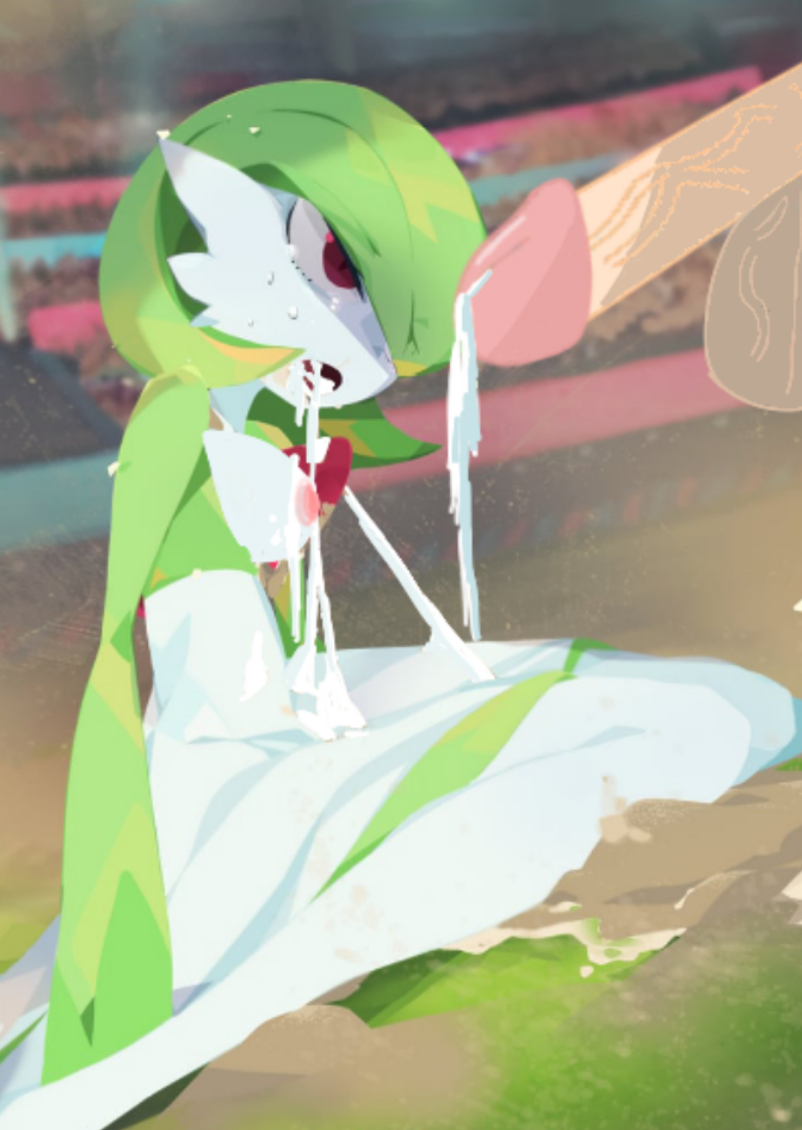 audience, balls, breasts, cum drip, cum in mouth, cum on breasts, dirt, exposed breasts, female, gardevoir, green hair, humiliation, male, male human/female humanoid, male human/female pokemon, on knees, open mouth, penis, pink nipples, pokemon, pokemon (species), pokephilia, public sex, rape, red eyes, stadium, tears, testicles, veiny balls, veiny penis, veiny testicles