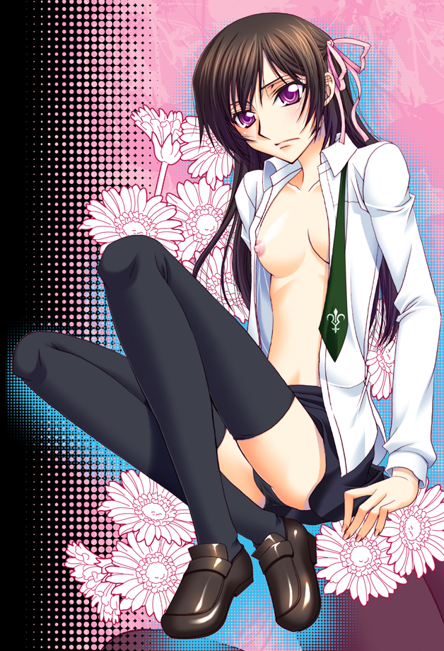 akira_asano black_hair black_panties blush breasts brown_hair code_geass hair_ornament hair_ornaments hair_ribbon hair_ribbons lelouch_lamperouge long_hair luluko necktie nipples open_clothes open_shirt panties purple_eyes ribbon ribbons rule_63 shirt shoes shorts thighhighs underwear