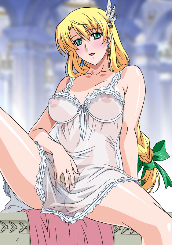 babydoll blonde_hair blush braid breasts camisole earrings female female_only green_eyes hair_ornament human jewelry kind_of_blue long_hair milf mother namco needle negligee nipples no_panties pointy_chin pubic_hair ribbon rudoni see-through single_braid sitting solo sophitia_alexandra soul_calibur uncensored