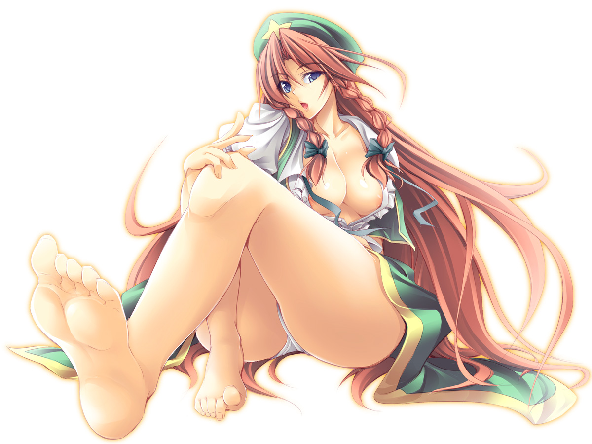 1girls areola areolae barefoot blue_eyes braid breasts feet female foreshortening fuyuwa_kotatsu hat hong_meiling legs long_hair long_toenails open_clothes open_mouth open_shirt panties pov_feet red_hair shirt sitting soles solo the_embodiment_of_scarlet_devil toenails toes touhou underwear white_panties