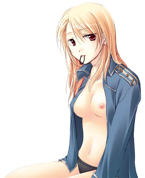 black_panties blonde_hair breasts color earrings female female_only fullmetal_alchemist hair_down human jewelry long_hair military military_uniform mitsuki_(artist) motomiya_mitsuki mouth_hold nipples no_bra open_clothes open_shirt panties pointy_chin red_eyes riza_hawkeye shirt sitting solo underwear uniform