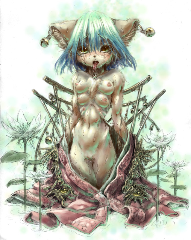 aqua_hair bell blush breasts daena danae earrings fangs female flower furry green_eyes jewelry katzeh legend_of_mana looking_at_viewer multi_breast navel nipples open_mouth pussy ribs saliva skinny slit_pupils solo water wet