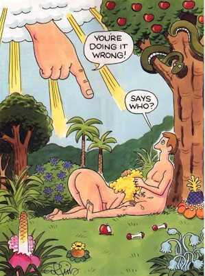 adam adam_and_eve barefoot_on_grass bible boomer_humor casual christianity eve fellatio female fruit garden garden_of_eden god god_(christian) human judaism male nudist oral outdoors pale_skin public_domain religion straight_hair