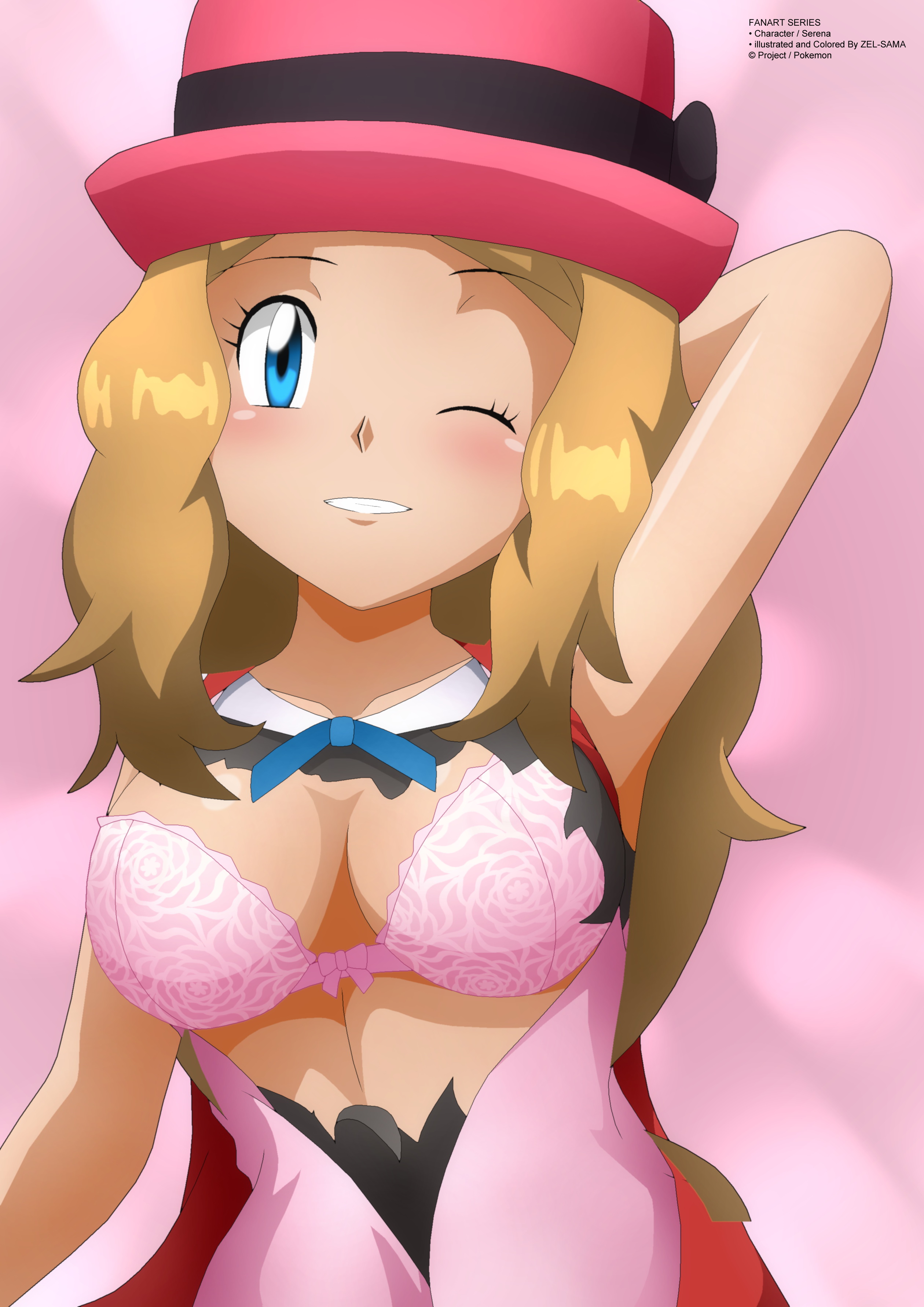 1girls, bare shoulders, blonde hair, blonde-haired female, blue eyes, blush, bra, breasts, dress, female, female only, hat, hi res, high resolution, highres, human, human only, large breasts, light skin, light-skinned female, long hair, looking at viewer, one eye closed, open eyes, open mouth, pink bra, pokemon, pokemon xy, serena (pokemon), smile, smiling, solo, solo female, teeth, uncensored, zel-sama