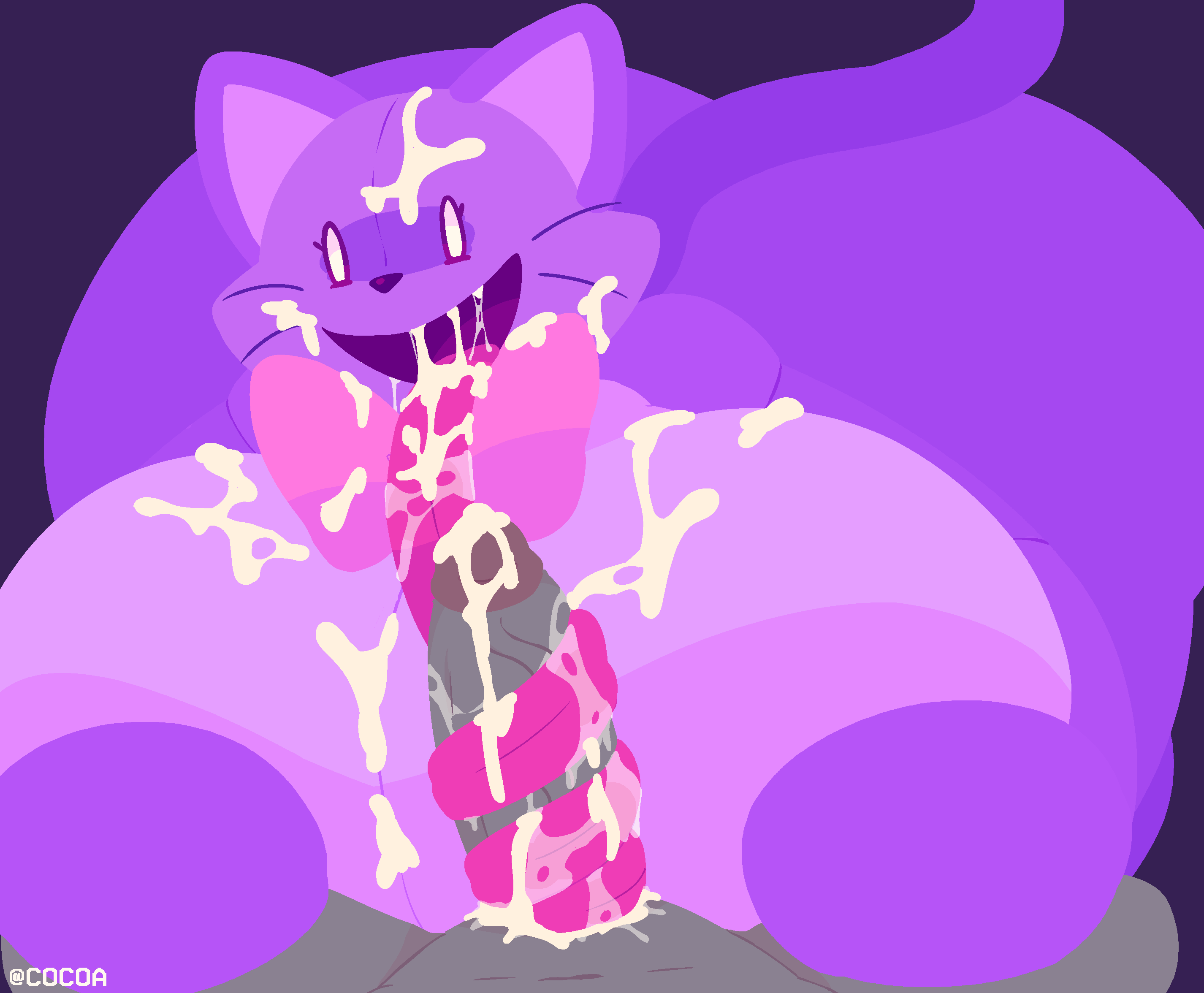 animate inanimate, anthro, ass, big breasts, big butt, bodily fluids, bow tie, breasts, catti (gremlingrounded), cocoaberry, cum, cum in mouth, cum inside, cum on breasts, cum on face, doll, duo, eyelashes, fellatio, female, genital fluids, genitals, hi res, huge breasts, huge butt, humanoid genitalia, humanoid penis, living doll, living plushie, long tongue, lovedoll toy factory, male, male/female, oral, penile, penis, plushie, purple body, saliva, saliva string, sex, thick thighs, tongue, tongue out, tonguejob