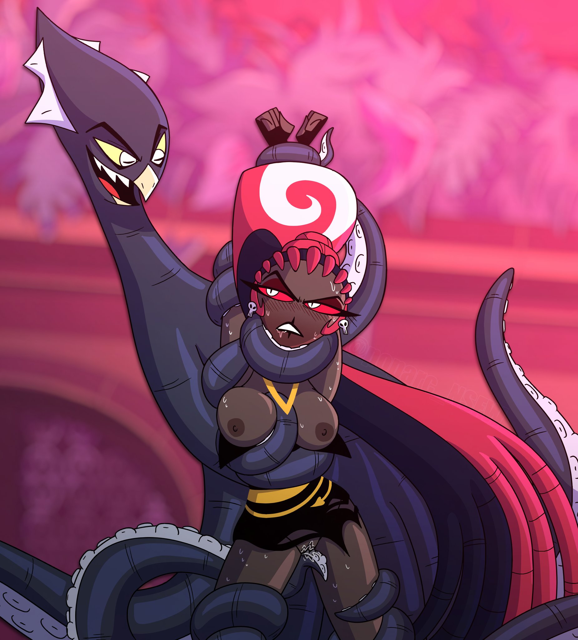 edwin (poparc nsfw), hazbin hotel, oc, poparc nsfw, sweat, tentacle around breast, tentacle around neck, tentacle rubbing pussy, velvette, vivziepop
