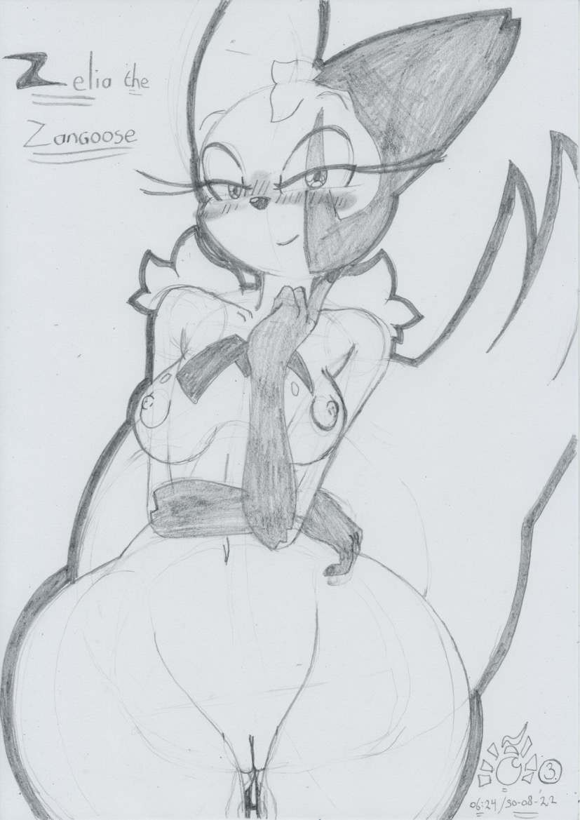 2022 anthro areola bedroom_eyes blush bodily_fluids breasts female fluffy fluffy_tail fur fur_markings generation_3_pokemon genital_fluids genitals graphite_(artwork) innie_pussy looking_at_viewer lunaris_parukia markings medium_breasts narrowed_eyes navel nintendo nipples nude pokemon pokemon_(species) pokemorph pussy pussy_juice seductive shoulder_tuft solo tail thick_thighs thigh_gap traditional_media_(artwork) tuft wide_hips zangoose zelia_(lunaris_parukia)