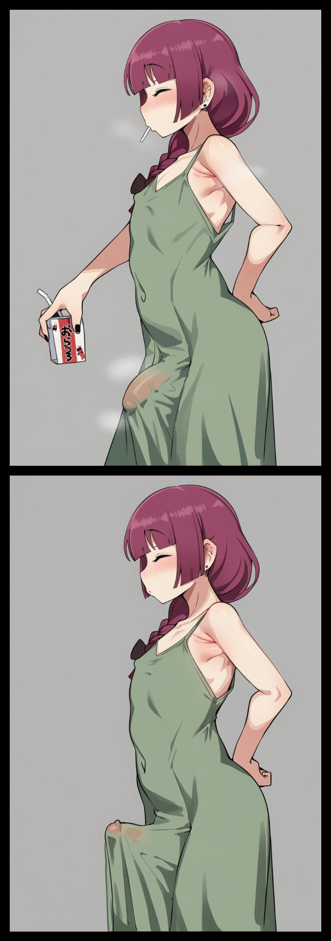 1boy, 2d, ai generated, ass, big ass, big butt, big cock, big penis, black bow, blush, bocchi the rock!, bow, braid, braided ponytail, bulge, bulge through clothing, bulge under clothes, closed eyes, cock, covered navel, covered nipples, covered penis, dress, erection, erection under clothes, from side, genderswap (ftm), green dress, grey background, hairbow, hand on own hip, hiroi kikuri, holding, large cock, large penis, long hair, male, male only, penis, penis bulge, purple hair, rule 63, simple background, single braid, sleeveless, sleeveless dress, sloppingslurpie, solo, solo male, steam, steaming body
