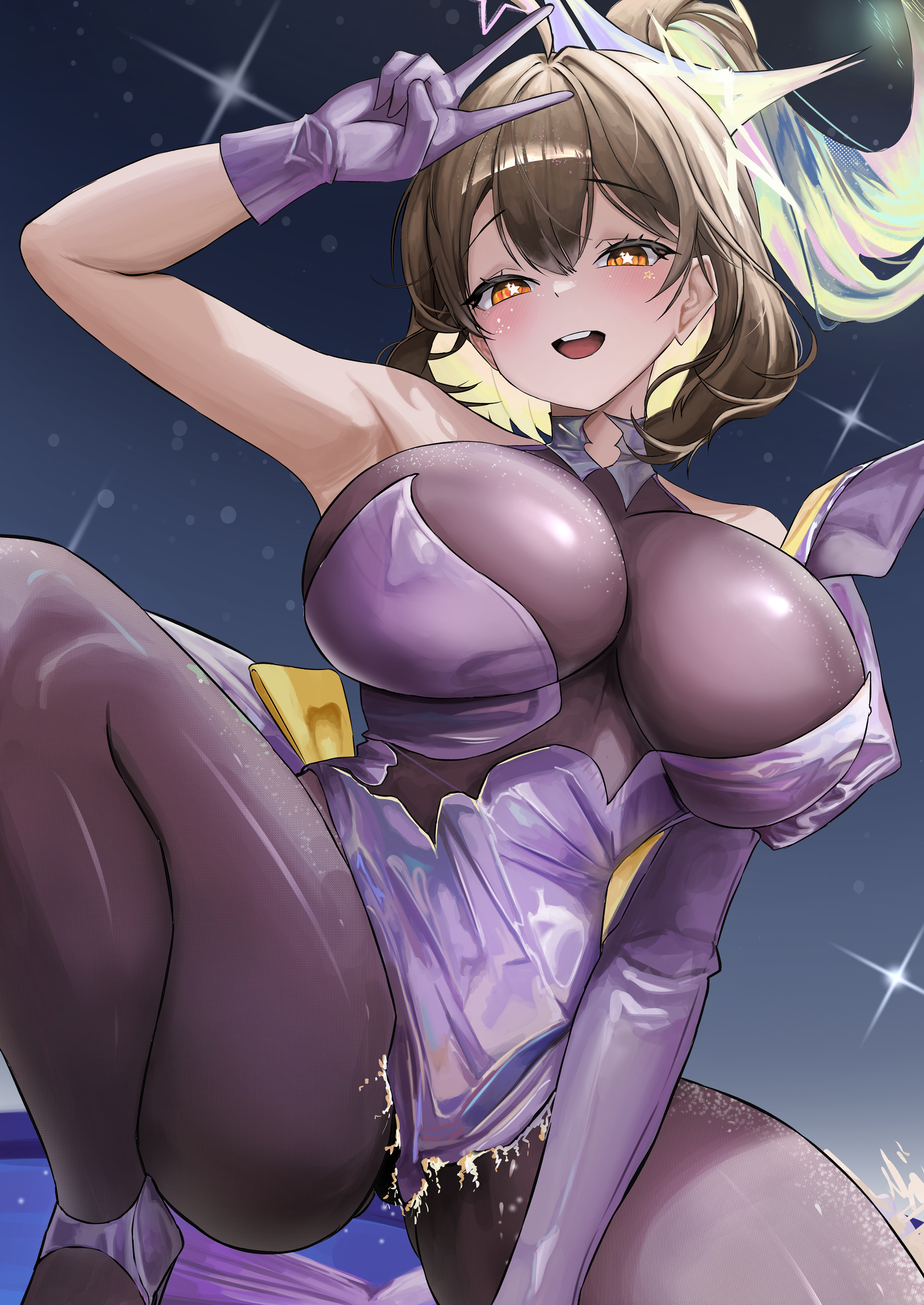 1girl, absurdres, ahoge, anis (nikke), anis (star) (nikke), anis (star) (starlight) (nikke), arm up, armpits, bare shoulders, black bodystocking, blush, bodystocking, breasts, brown bodystocking, brown eyes, brown hair, dress, female, female only, gloves, goddess of victory: nikke, hair between eyes, highres, huge breasts, long hair, looking at viewer, official alternate costume, open mouth, pantyhose, ponytail, purple dress, purple gloves, see-through bodystocking, see-through clothes, small chair (xiaosaiyi33818), smile, solo, spread legs, squatting, star (symbol), star-shaped pupils, symbol-shaped pupils, teeth, thighs, upper teeth only