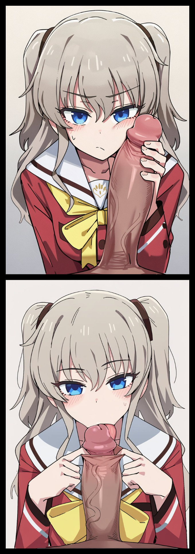 1boy, 1girls, 2d, 2koma, ai generated, big cock, big penis, blue eyes, blush, breasts, charlotte (anime), closed mouth, cock, comic, erection, fellatio, female, foreskin, foreskin play, foreskin pull, grey hair, hair between eyes, huge cock, large cock, large penis, licking foreskin, long hair, long sleeves, looking at viewer, male, male/female, medium breasts, oral, penis, penis on face, pov, pulling foreskin, sailor collar, school uniform, serafuku, shirt, sloppingslurpie, solo focus, straight, sweat, thick cock, thick penis, tomori nao, two side up, uncensored, vein, veins, veiny, veiny cock, veiny penis