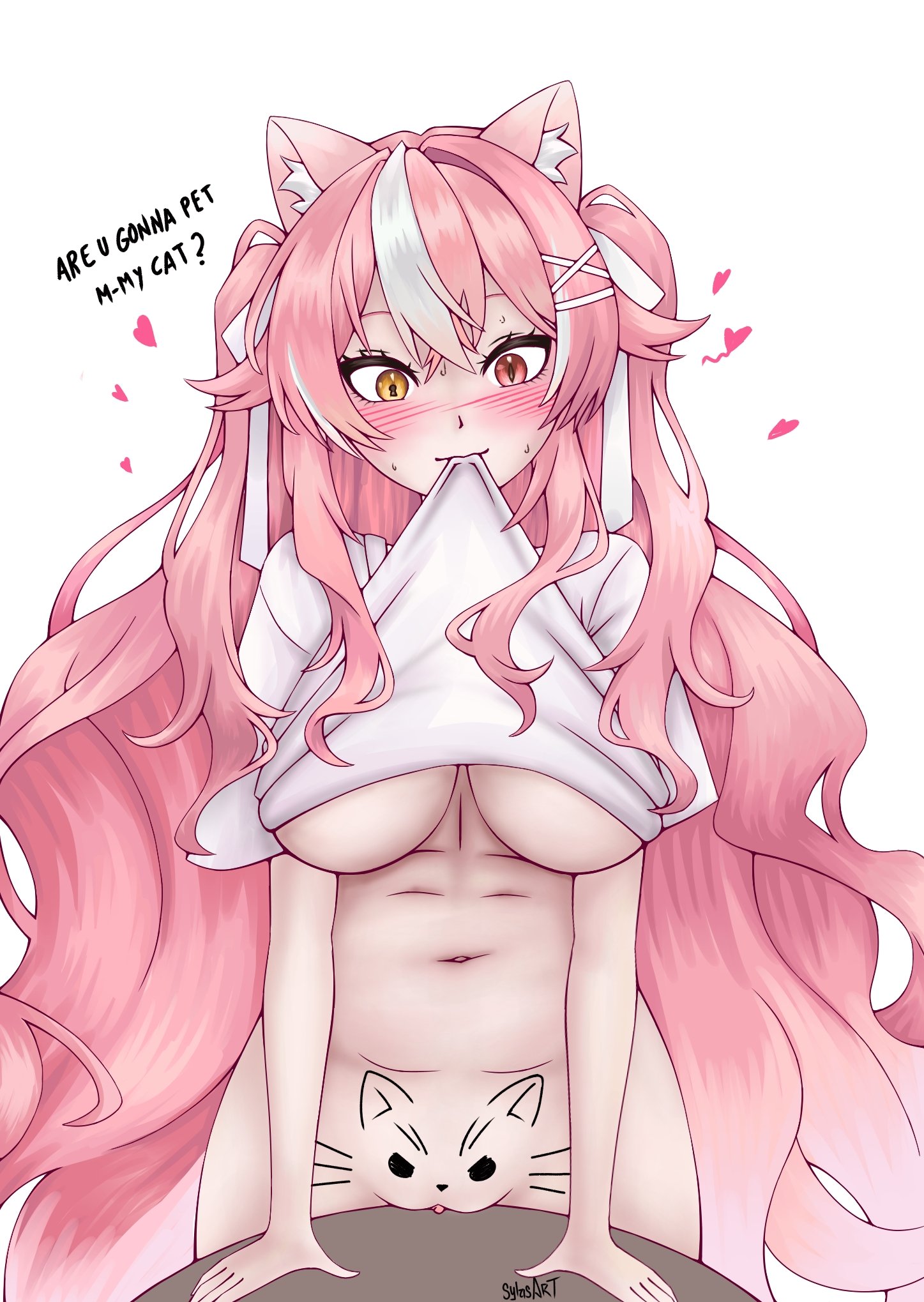 1girls, areolae, big breasts, blush, breasts, do you want to pet my cat (meme), english dialogue, english text, enya yoruneko, female, heterochromia, hispanic virtual youtuber, indie virtual youtuber, latam virtual youtuber, light skin, light-skinned female, long hair, nipples, pink eyes, pink hair, pink nipples, pussy-cat (meme), sylastheartist, thighs, two-tone hair, virtual youtuber, vtuber, white hair, yellow eyes, young, younger female