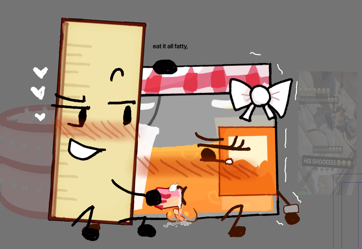 battle for dream island, battle for dream island elsewhere, bfdi, bfdie, blush, feeding, feeding cake, jammy (bfdie), object shows, pussy, pussy juice, ruler (bfdie), tears, zyxxenise