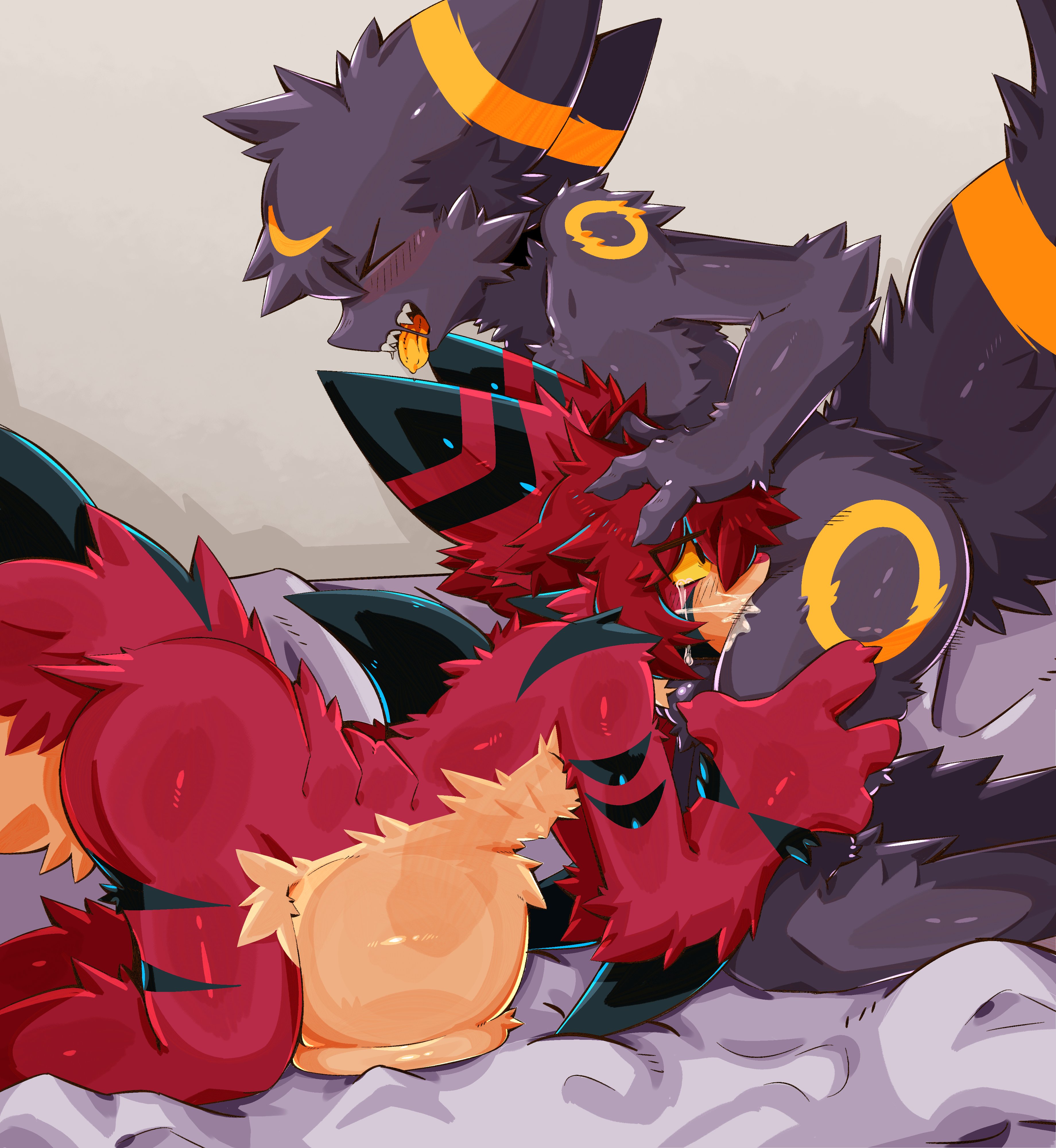 2boys, bed, bedroom, big ass, big penis, black fur, bulge, climax, cum, cum in mouth, cum inside, cumming, cute, deepthroat, facial, filled belly, furry, gaogomon, gaogomon (oc), gay, giant penis, homosexual, red body, red fur, sex, shark boy, stomach