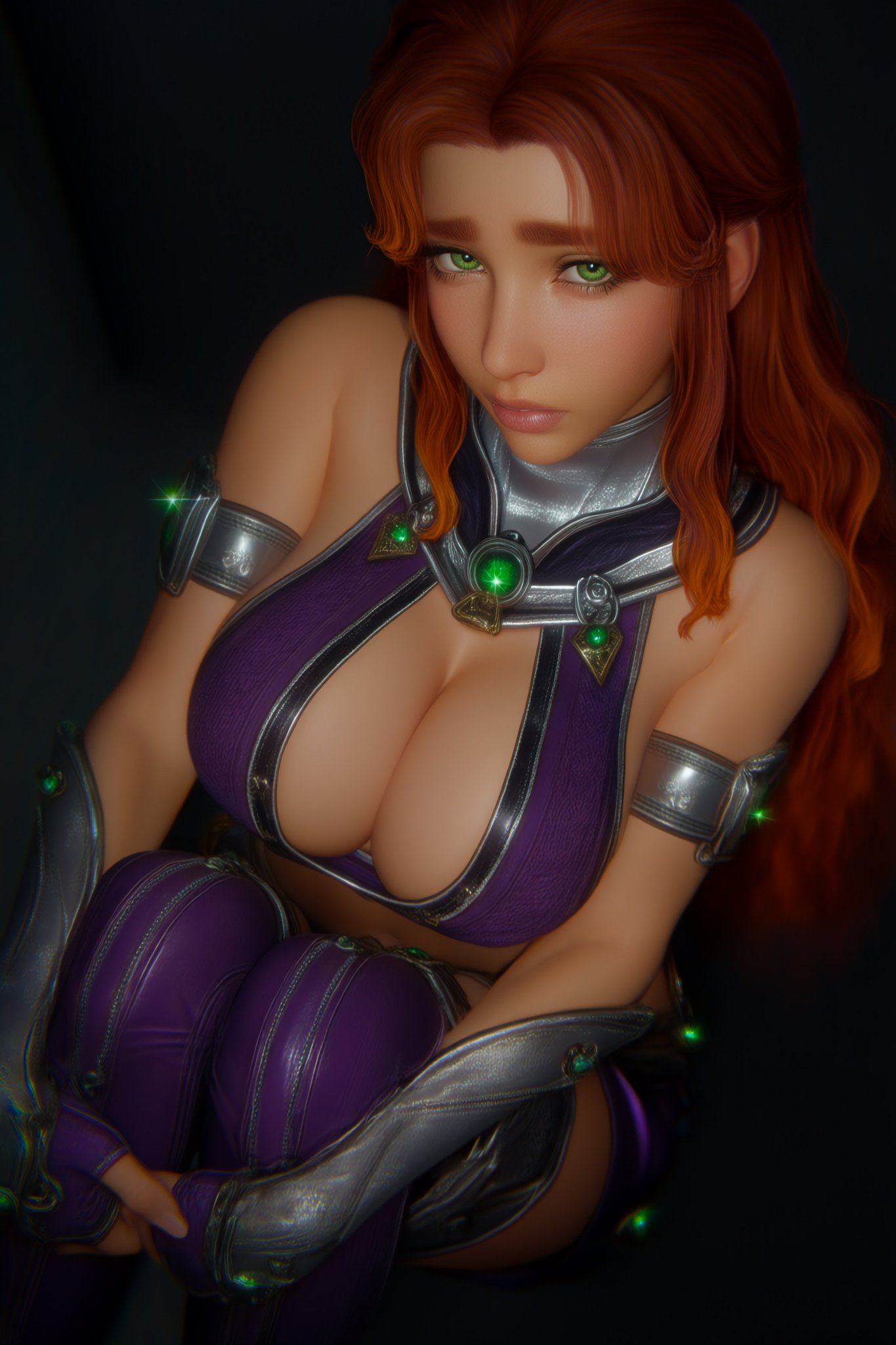 1girls, 3d, 3d render, ai generated, big breasts, big tits, cleavage, dc, dc comics, female, female focus, female only, green eyes, large breasts, light skin, light-skinned female, looking at viewer, maiuniverseart, orange hair, red hair, sad expression, sad face, shy expression, sitting, sitting on floor, starfire, tan skin, teen titans