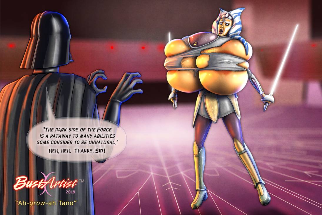 1boy, 1girls, ahsoka tano, alien, alien girl, areola, areolae, big breasts, bra, breast expansion, breast growth, breast growth (enlargement), breasts, bust, bustartist, busty, cape, clothed, clothing, cyborg, darth vader, dialogue, female, gloves, helmet, huge breasts, human, hyper, hyper breasts, jedi, large breasts, lightsaber, magic, magic user, malachor, male, master and student, parody, ripped clothing, shocked, sith, speech bubble, star wars, star wars rebels, straight, surprised, the force, togruta, voluptuous, watermark, white lightsaber