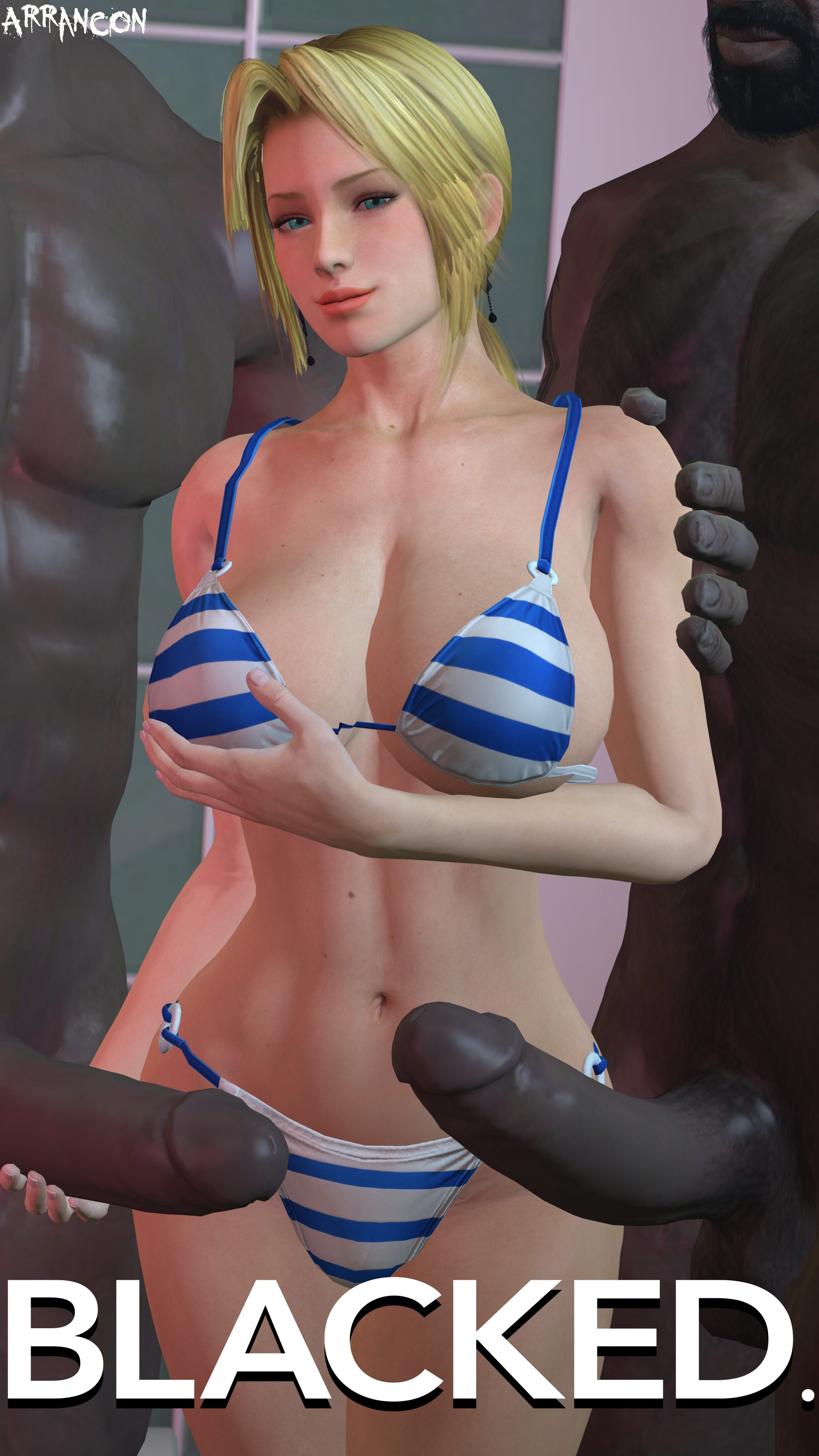 1girls, 2boys, 3d, arrancon, big penis, blacked, blonde hair, dark skin, dark-skinned male, dead or alive, english text, female, helena douglas, interracial, male, penis, raceplay, source filmmaker, text
