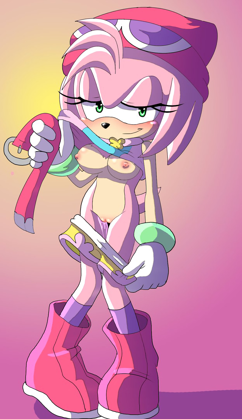 1girls amitie amitie_(cosplay) amy_rose angelofhapiness beanie belt boots bracelet breasts female female_only gloves green_eyes half-closed_eyes hat pink_fur pink_hair pussy puyo_puyo puyo_puyo_fever sega shirt shorts shorts_down smile smiling smirk smirking socks sonic_(series) sonic_runners sonic_the_hedgehog_(series) tail undressed undressing vagina wet wet_pussy