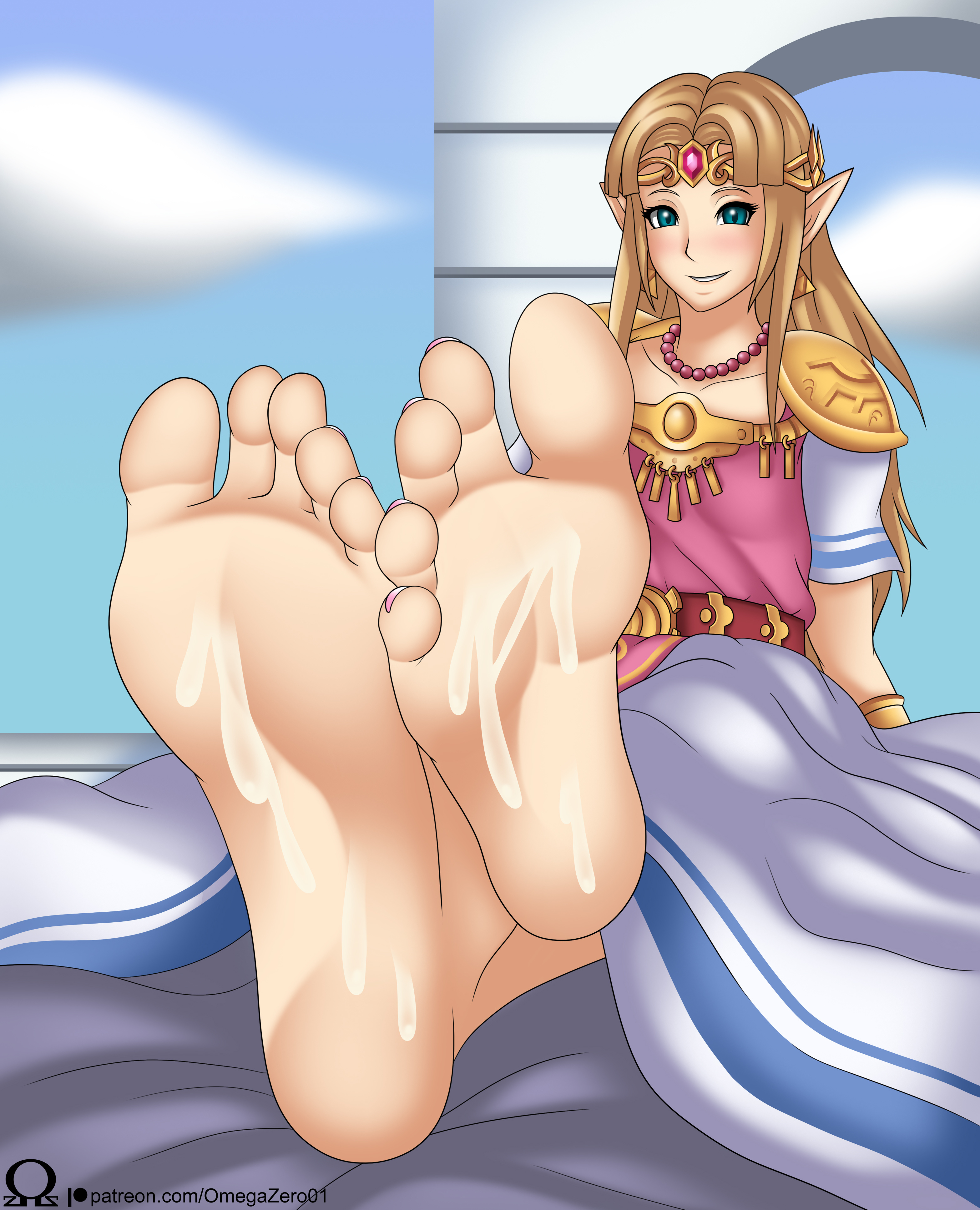 a link between worlds, barefoot, blonde hair, cum, cum on feet, feet, feet first, female, foot fetish, long hair, nintendo, omegazero01, pointy ears, princess zelda, soles, solo, the legend of zelda, toes, zelda (a link between worlds)