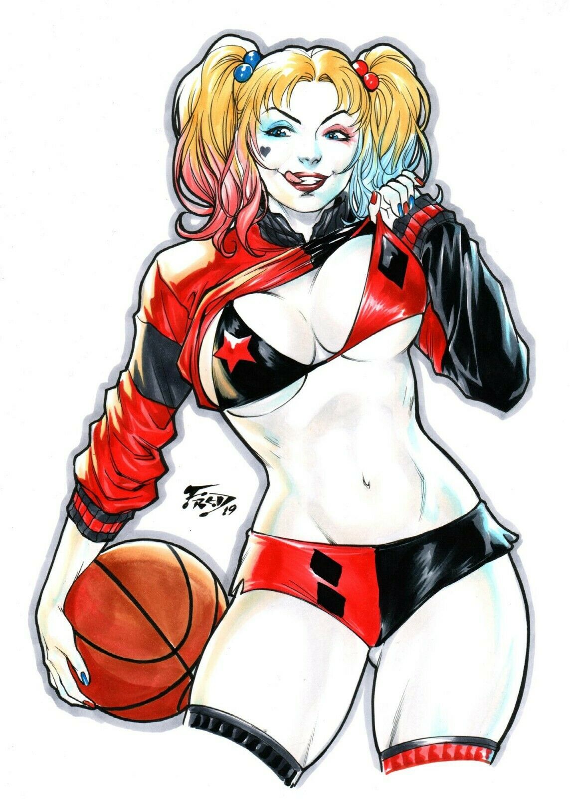 1girls 2019 basketball batman_(series) big_breasts blonde_hair blue_eyes blue_eyeshadow blue_highlights blue_makeup blue_nail_polish blue_nails bra bra_lift breasts busty cleavage dated dc dc_comics ed_benes_studio eyeshadow fred_benes grey_skin harley_quinn highlights holding_ball holding_basketball hot_pants jacket large_breasts licking_lips lipstick makeup mascara pink_highlights red_eyeshadow red_jacket red_lips red_lipstick red_makeup red_nail_polish red_nails short_shorts shorts signature smile smiling solo standing thighs tongue tongue_out twintails