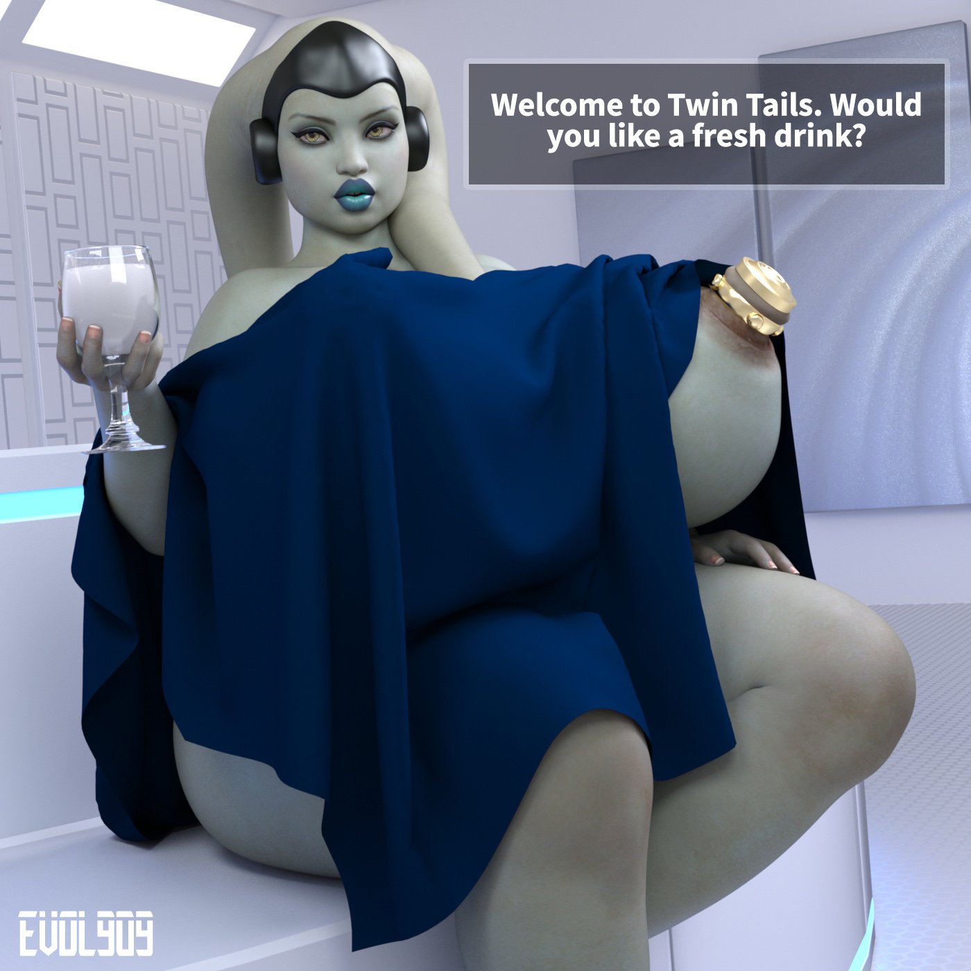1girls, 3d, alien, alien girl, artist name, bald, bare shoulders, big breasts, bimbo, blue lipstick, breasts, busty, curvy, detailed background, dress, drink, drinking glass, english text, erect nipple, erect nipples, evolluisionist, eyelashes, female, female only, front view, giovanni mil'fona, headgear, holding drink, holding glass, humanoid, indoor, inside, lekku, mammal, mature, milf, milk, nipple plugs, nipples, original character, pose, posing, room, shiny, shiny skin, sitting, solo, speech bubble, star wars, talking, text, thick lips, twi'lek, voluptuous, wine glass
