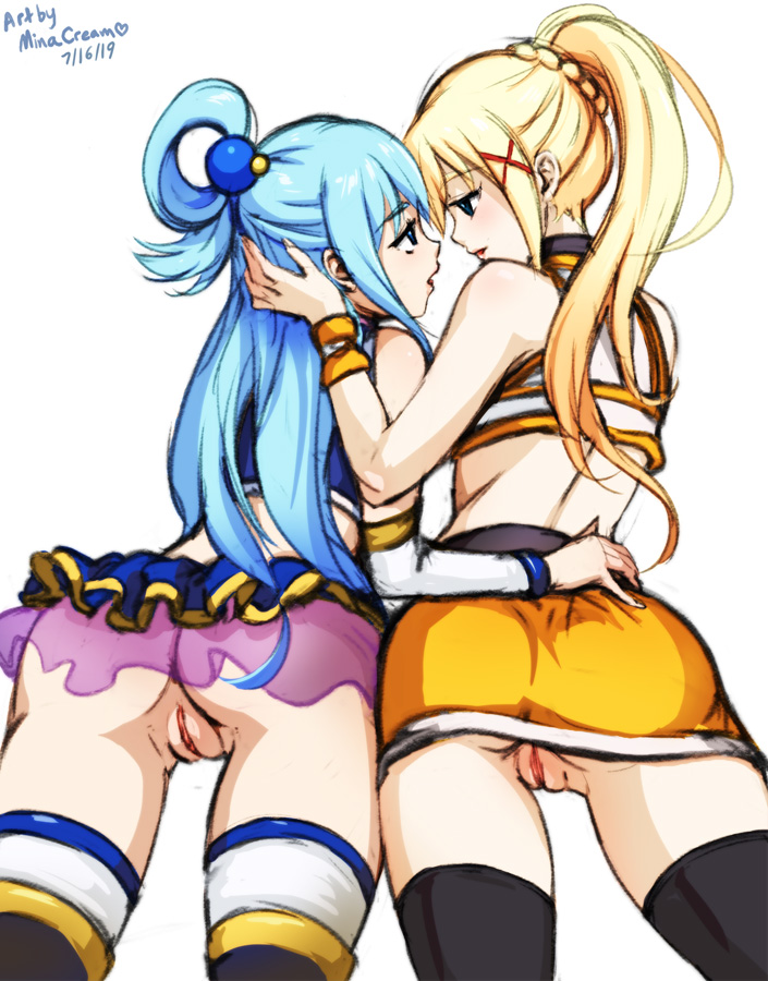 2girls, aqua (konosuba), artist name, ass, big ass, blonde hair, blue hair, boots, clothing, darkness (konosuba), dated, duo, female, female only, hair, kono subarashii sekai ni shukufuku wo!, long hair, minacream, multiple females, multiple girls, presenting, presenting pussy, pussy, simple background, thigh boots, thighhigh boots, yuri