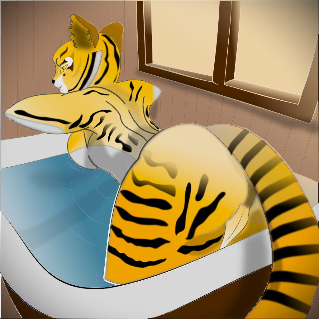 anthro ass bath bathing bathtub big_butt curvaceous curvy_anthro curvy_figure dreamworks felid female genitals kung_fu_panda looking_at_viewer looking_back mammal master_tigress pantherine pussy solo stripes sunset tail the_good_guy_two thick_thighs tiger voluptuous water wide_hips