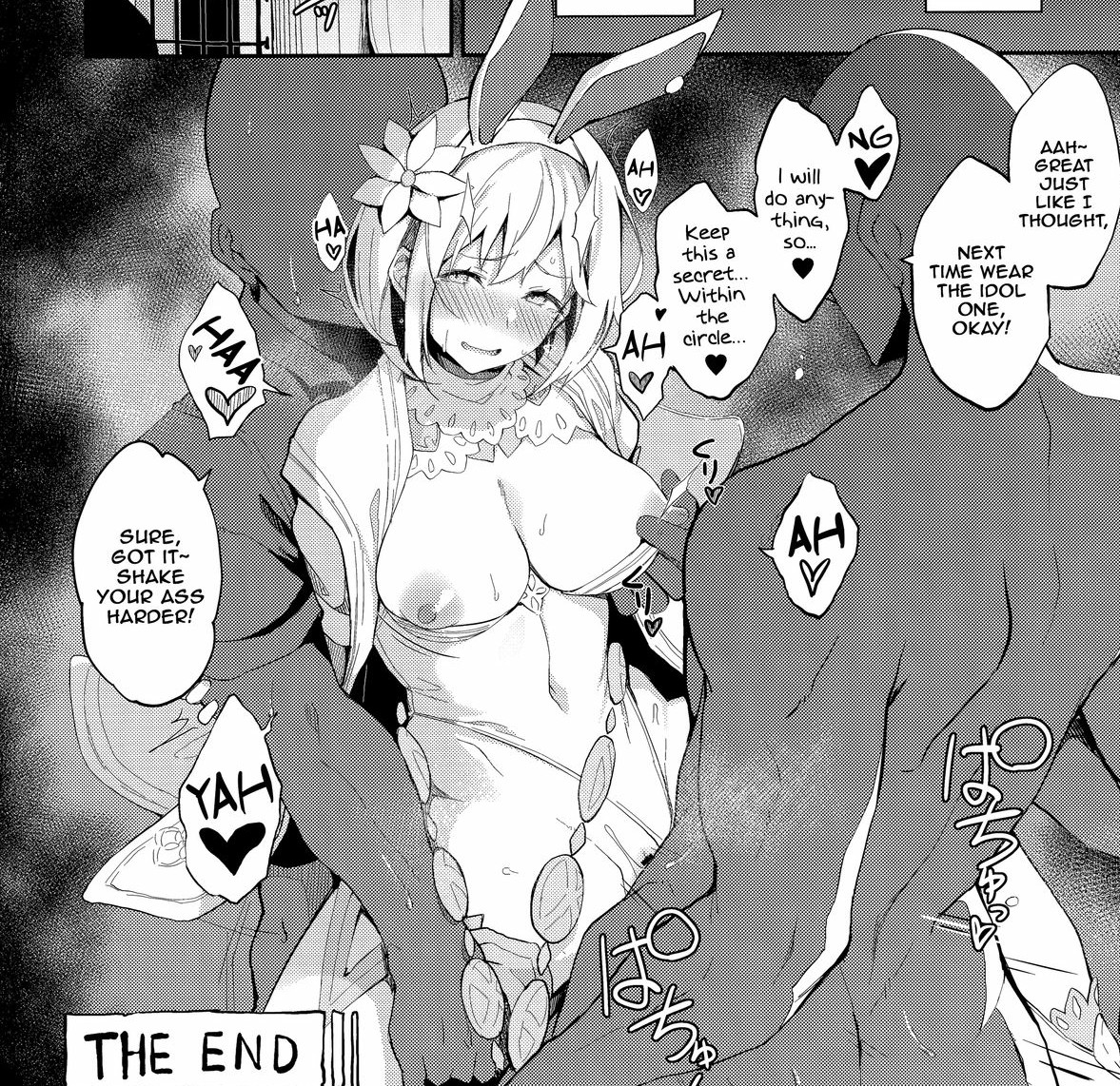 blush, breast grab, breasts, breasts out, bunny ears, bunnysuit, djeeta (granblue fantasy), double penetration, doujinshi, english text, erect nipples, female, gangbang, granblue fantasy, hair ornament, large breasts, nanahara fuyuki, nipples, sex, short hair, translated