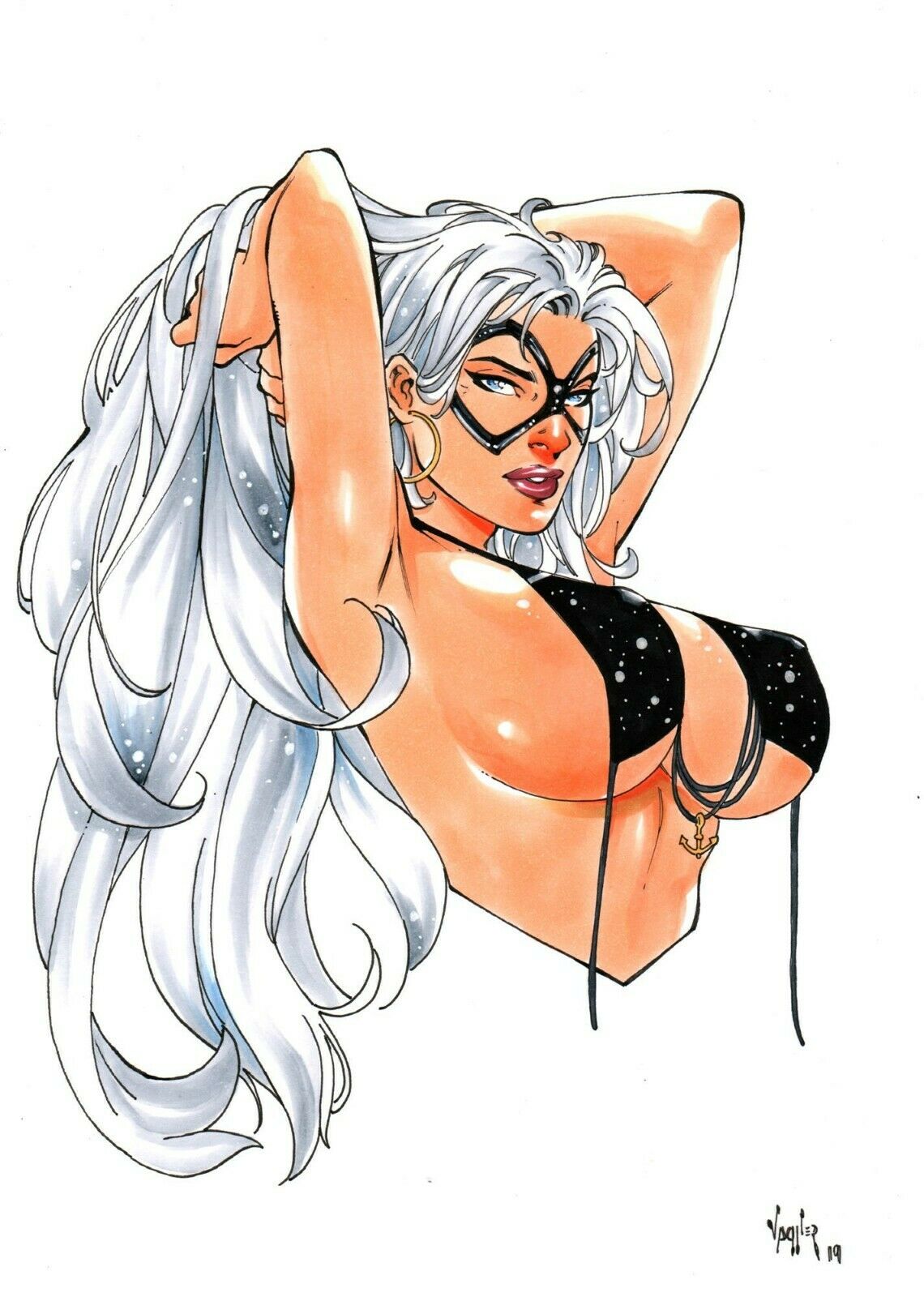 1girls 2019 angry arms_up big_breasts black_bikini_top black_bra black_cat_(marvel) blue_eyes bra breasts busty dated earrings ed_benes_studio eye_contact eyeshadow felicia_hardy female female_only glare hands_in_hair holding_hair hoop_earrings huge_breasts human large_breasts lipstick looking_at_viewer makeup marvel marvel_comics mascara nipple_bulge pinup purple_lips purple_lipstick signature solo spider-man_(series) upper_body vagner_fernandes