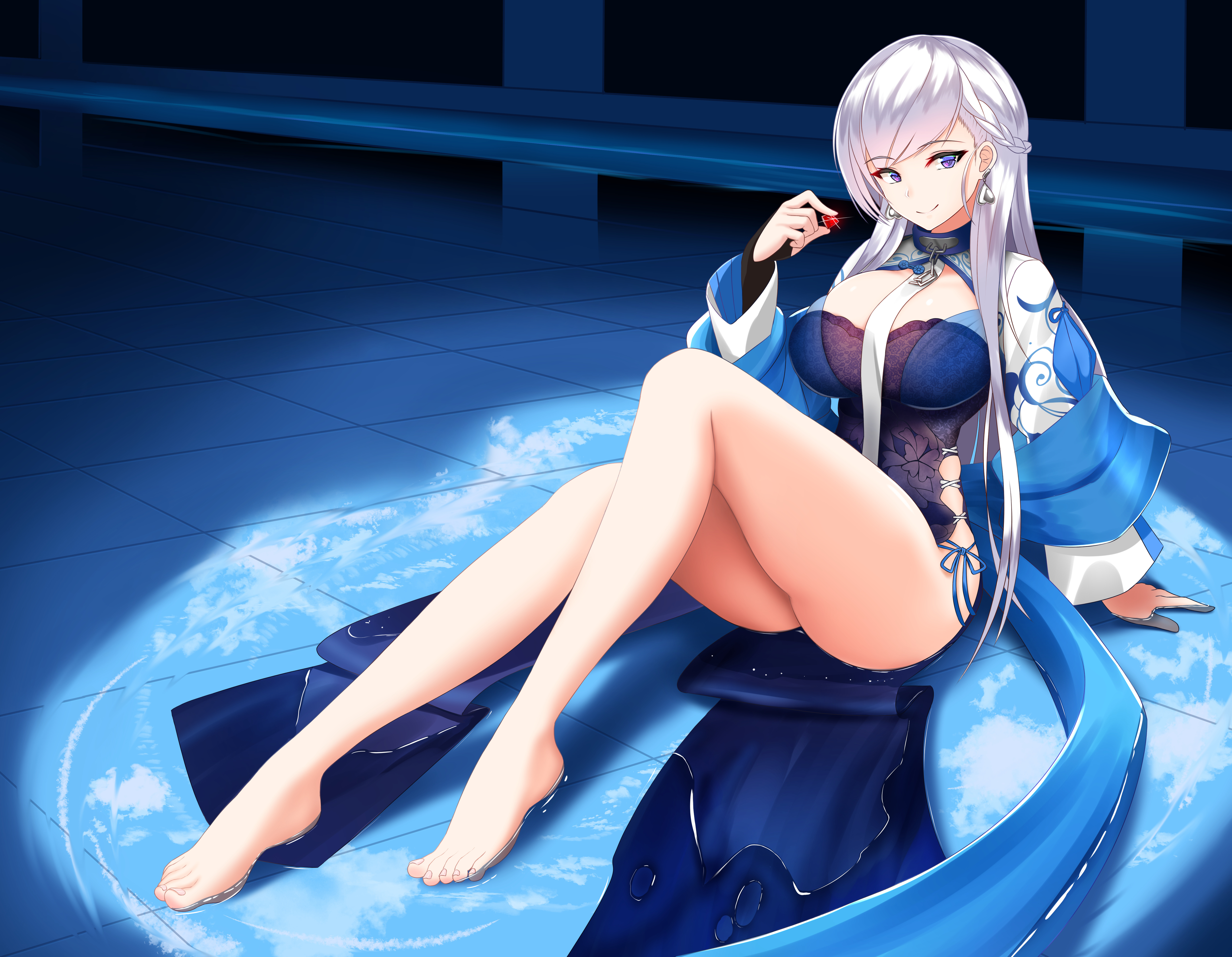 ass, azur lane, barefoot, belfast (azur lane), big breasts, blue clothing, blue eyes, breasts, feet, female, legs, tagme, toenails, toes, water, wet, white hair