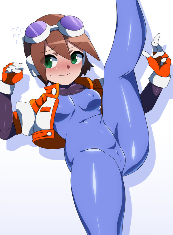 aile arina_makihara blush brown_hair clitoris cosplay erect_nipples erect_nipples_under_clothes gloves goggles green_eyes leg_lift legs_up mega_man mega_man_zx nervous nervous_smile rockman rockman_zx short_jacket waku_waku_7 xenoxeno