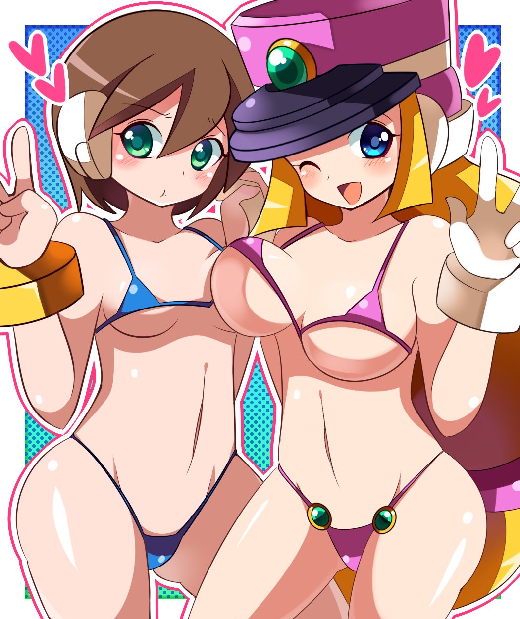 2girls aile bikini blonde_hair blue_eyes blush breasts brown_hair cleavage duo female female_only gloves green_eyes hat heart himurororo holding_hands large_breasts long_hair mega_man mega_man_zx micro_bikini multiple_girls one_eye_closed peace_sign pose prairie shiny shiny_skin short_hair standing swimsuit thighs v white_gloves