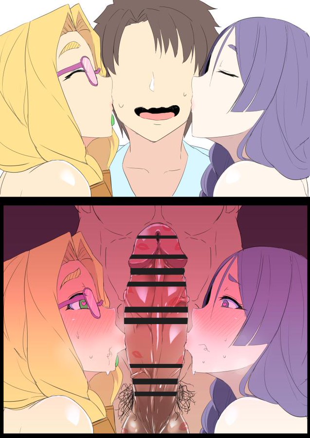 1boy 2girls bar_censor big_penis blonde_hair censored cheating fate/grand_order fate_(series) fujimaru_ritsuka_(male) heart-shaped_pupils instant_loss_2koma kiss kiss_mark kissing kissing_cheek kissing_penis ky. lipstick lipstick_mark lipstick_on_penis male male_pubic_hair minamoto_no_raikou_(fate) minamoto_no_raikou_(fate/grand_order) muscular nervous netorare penis pubic_hair purple_hair quetzalcoatl_(fate) symbol-shaped_pupils