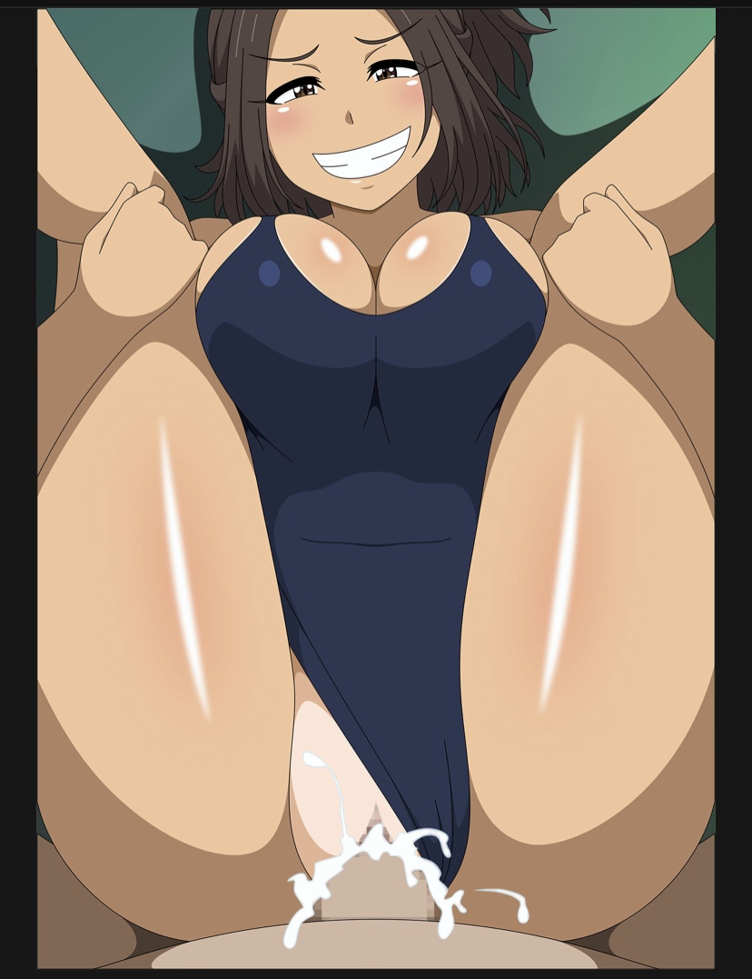 1boy, 1girls, atelier gons, blush, breasts, brown eyes, brown hair, censored, cleavage, cum, cum in pussy, cum inside, cumshot, ejaculation, erection, eye contact, faceless male, female, female focus, hair up, hairless pussy, half-closed eyes, happy, happy sex, hikari hazakura (nande koko ni sensei ga!?), large breasts, leg lift, legs held open, legs over head, legs up, looking at viewer, looking pleasured, male, male pov, missionary, missionary position, mosaic censoring, nande koko ni sensei ga!?, no panties, no pubic hair, on back, orgasm, penis, pleasure face, ponytail, pov, pov eye contact, pussy, shaved pussy, smile, solo focus, swimsuit, swimsuit aside, tan, tan skin, tanline, teacher, thighs, vaginal penetration