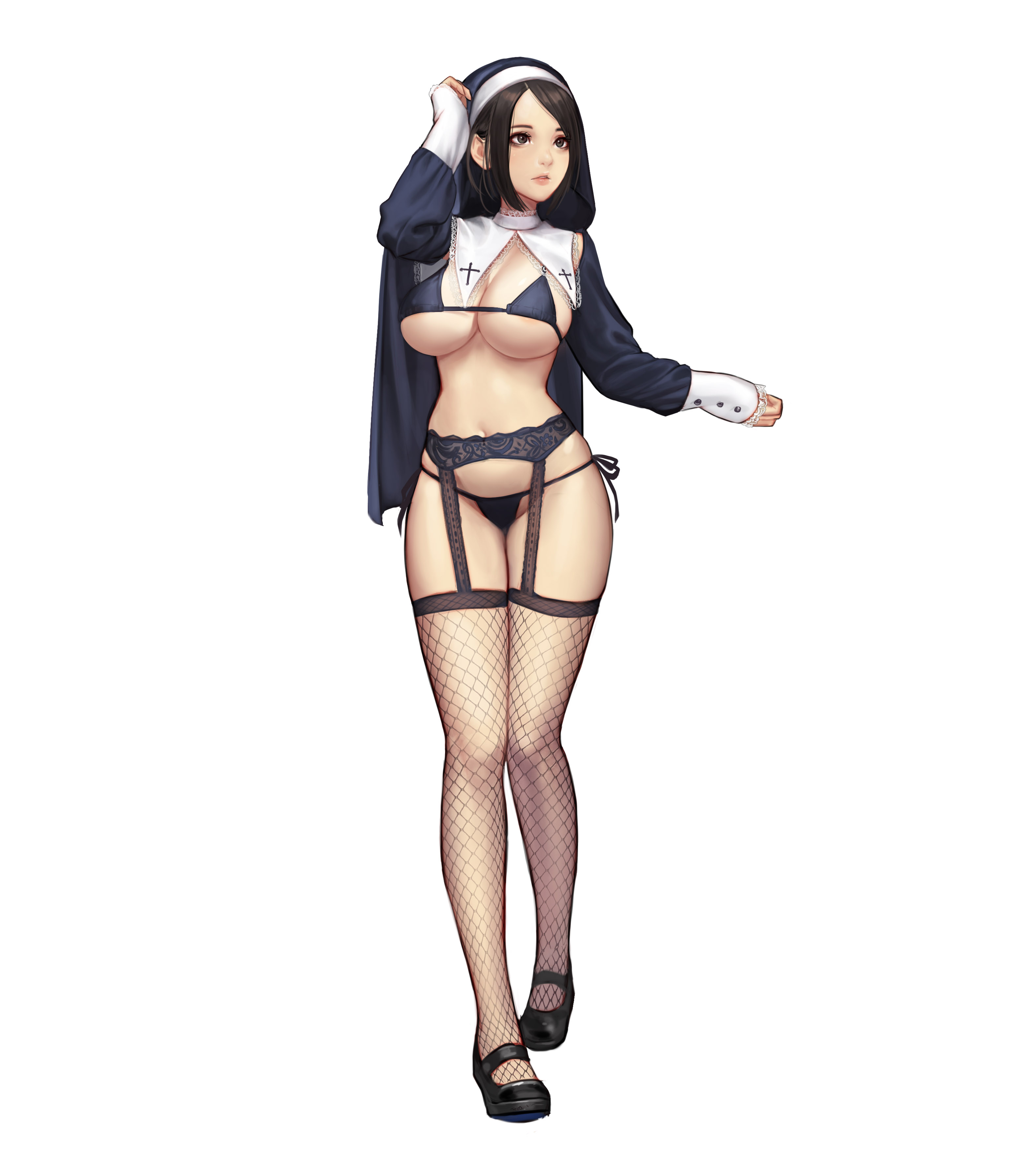 1girls, absurdres, big breasts, bra, breasts, cleavage, female, garter belt, highres, jungon kim, large breasts, nun, panties, solo, thighhighs